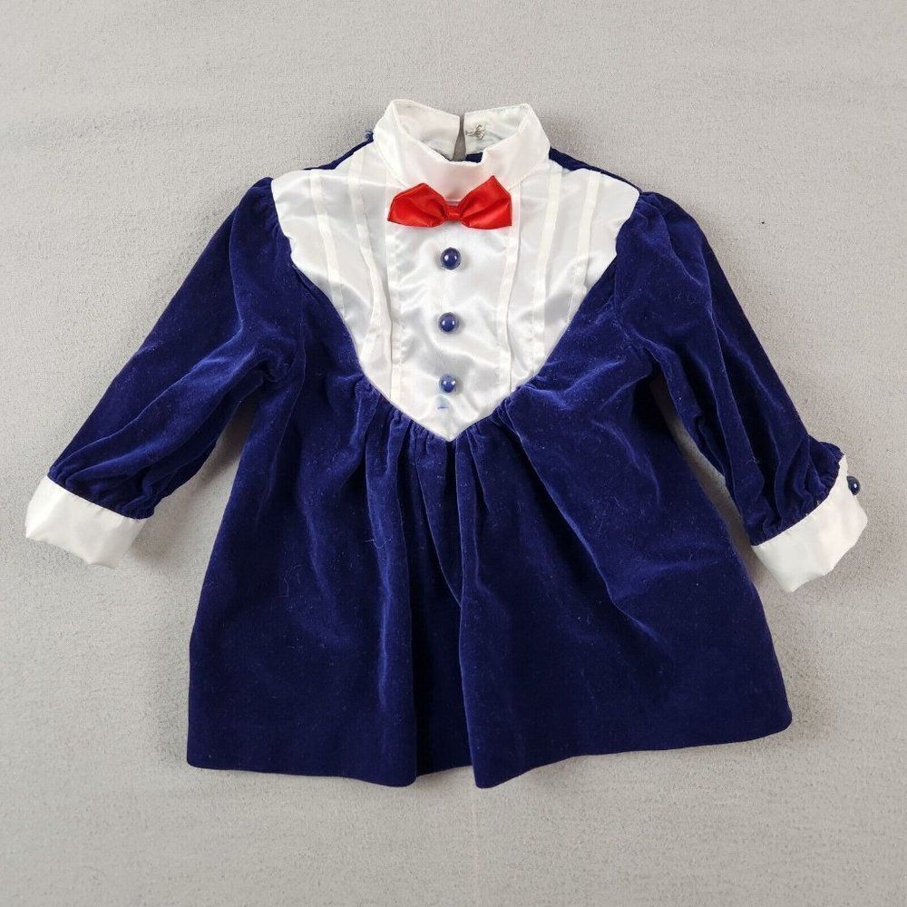 Vintage Kids Images Blue/White Velvet Holiday Dress Size 18 Months